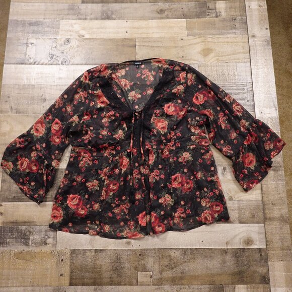 Torrid Women’s Babydoll Chiffon Lurex Lace-Up Blouse Black Floral Size 3X - Picture 1 of 11